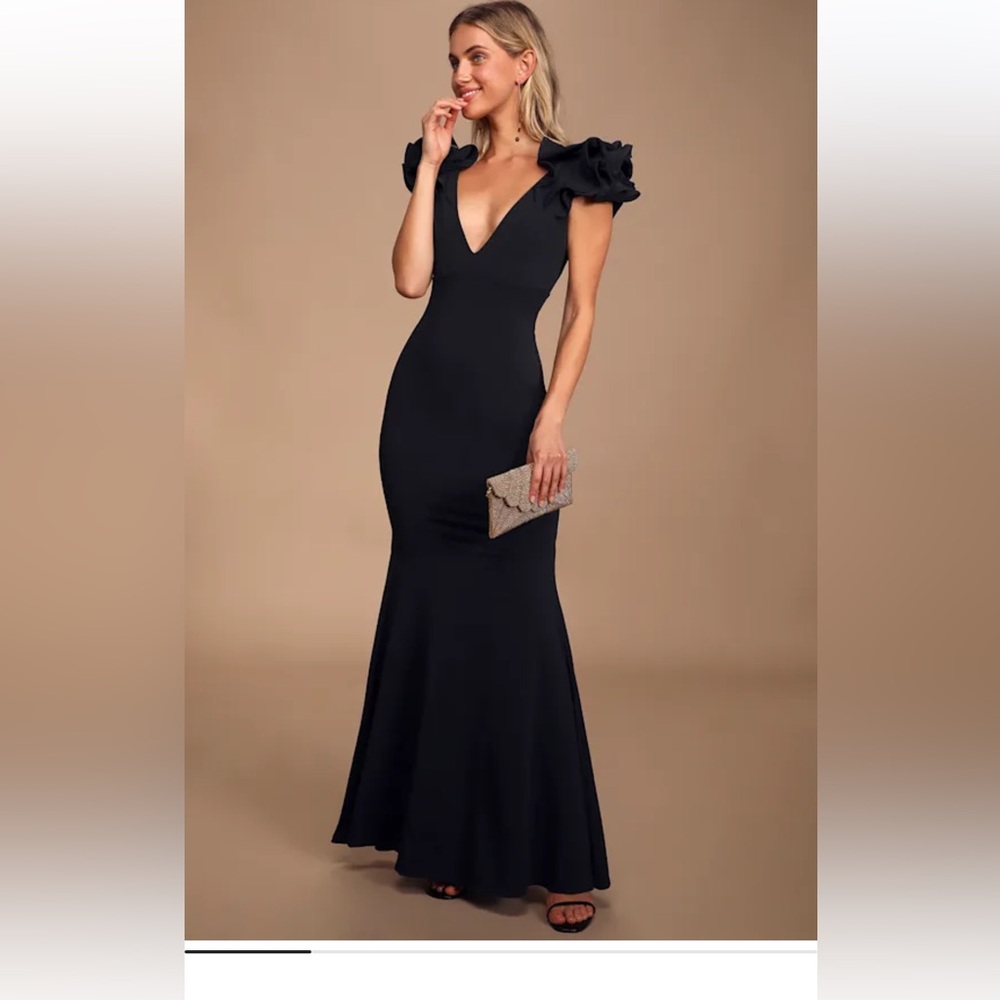 Black V-Neck Maxi Dress with Ruffle Cap Sleeves